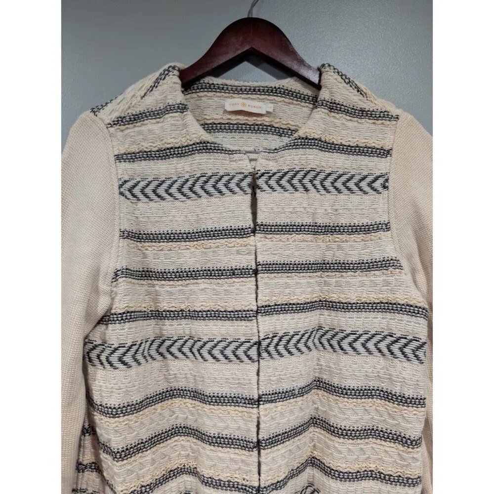 Tory Burch Jacquard Knit Wool Blend Sweater Coat Sz L Hook Eye Close Luxury FLAW